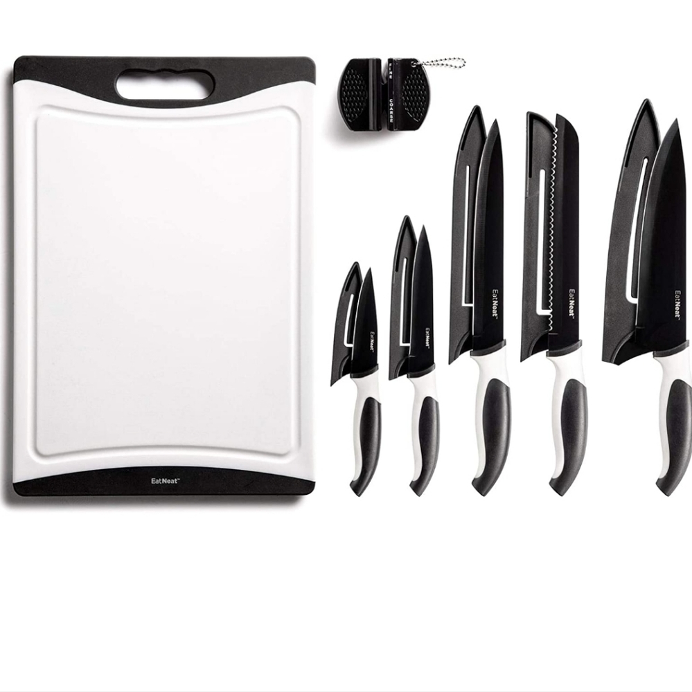 EatNeat 12-Piece Kitchen Knife Set - 5 Black Stainless Steel Knives with Sheaths